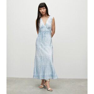 ALLSAINTS Karlina Estrella Silk Blend Maxi Dress Dusty Blue Womens 0